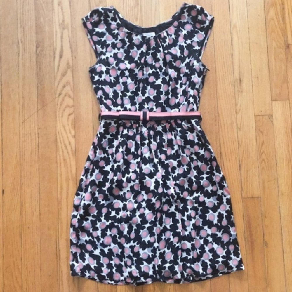 Milly Belted Black and Pink Print Silk Dress